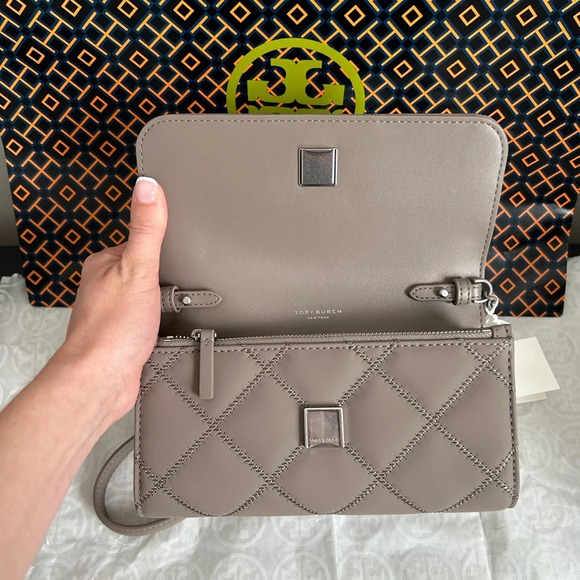 Tory Burch Willa Matte Chain Wallet Crossbody Bag Gray Heron Silver Grey - Picture 7 of 12